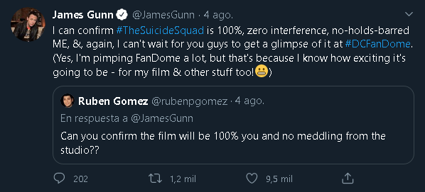 Screenshot 2020 08 10 James Gunn en Twitter I can confirm TheSuicideSquad is 100 zero interference no holds barred ME ...